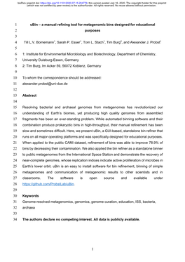 Ubin – a Manual Refining Tool for Metagenomic Bins Designed for Educational 2 Purposes 3 4 Till L.V