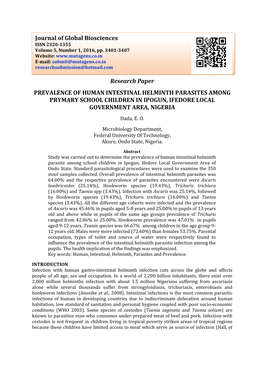 Research Paper PREVALENCE of HUMAN INTESTINAL HELMINTH PARASITES AMONG PRYMARY SCHOOL CHILDREN in IPOGUN, IFEDORE LOCAL GOVERNMENT AREA, NIGERIA