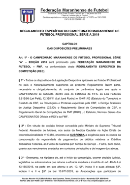 Regulamento Específico Do Campeonato Maranhense De Futebol Profissional Série a 2019