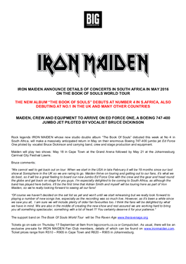 Iron Maiden Announce Details of Concerts in South Africa in May 2016 on the Book of Souls World Tour