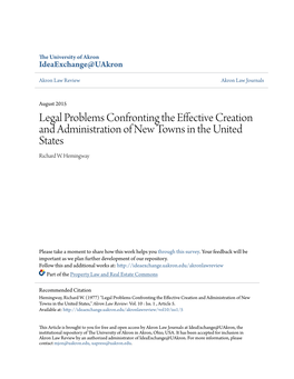 Legal Problems Confronting the Effective Creation and Administration of New Towns in the United States Richard W