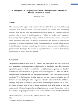 “Coming Out” Or “Staying in the Closet”– Deconversion Narratives of Muslim Apostates in Jordan