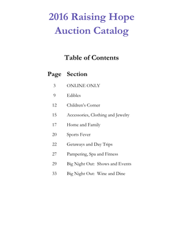 2016 Raising Hope Auction Catalog