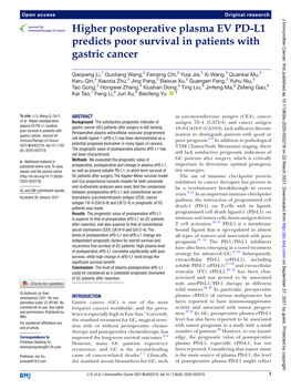 Higher Postoperative Plasma EV PD-L1 Predicts Poor Survival in Patients with Gastric Cancer