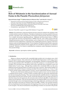 Role of Melatonin in the Synchronization of Asexual Forms in the Parasite Plasmodium Falciparum