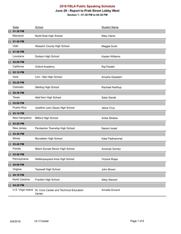 2018 FBLA Public Speaking Schedule June 29 - Report to Pratt Street Lobby West Section 1 - 01:30 PM to 04:30 PM