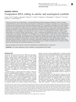 Comparative RNA Editing in Autistic and Neurotypical Cerebella