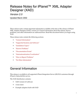 Release Notes for Iplanet XML Adapter Designer (XAD)