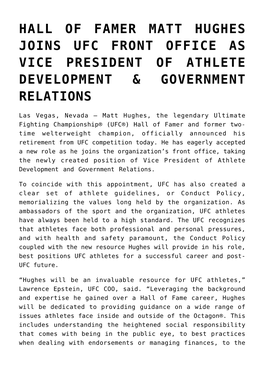 Hall of Famer Matt Hughes Joins Ufc Front Office As Vice President of Athlete Development & Government Relations