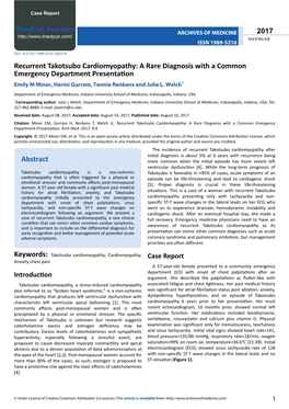 Recurrent Takotsubo Cardiomyopathy: a Rare Diagnosis with a Common Emergency Department Presentation Emily M Miner, Harini Gurram, Tennie Renkens and Julie L