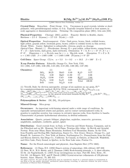 Biotite K(Mg; Fe )3(Al; Fe )Si3o10(OH; F)2 C 2001 Mineral Data Publishing, Version 1.2 ° Crystal Data: Monoclinic