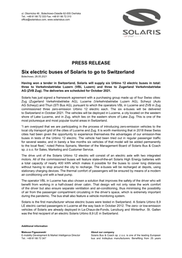PRESS RELEASE Six Electric Buses of Solaris to Go to Switzerland