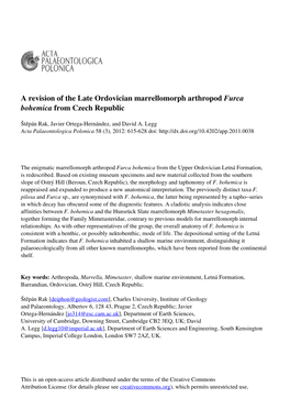 A Revision of the Late Ordovician Marrellomorph Arthropod Furca Bohemica from Czech Republic