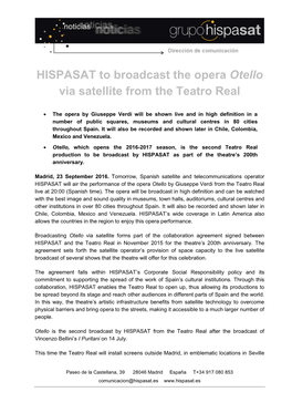 HISPASAT to Broadcast the Opera Otello Via Satellite from the Teatro Real