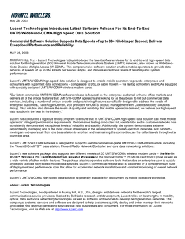 Lucent Technologies Introduces Latest Software Release for Its End-To-End UMTS/Wideband-CDMA High Speed Data Solution