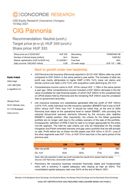 CIG Pannonia Recommendation: Neutral (Unch.) Target Price (E-O-Y): HUF 340 (Unch.) Share Price: HUF 333