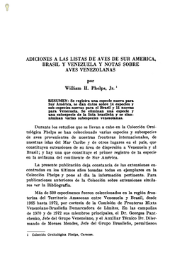 Adiciones a Las Listas De Aves De Sur América, Brasil Y Venezuela Y Notas