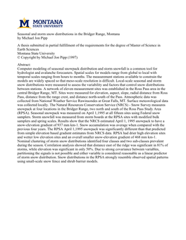 Seasonal and Storm Snow Distributions in the Bridger Range, Montana by Michael Jon Pipp a Thesis Submitted in Partial Fulfillmen