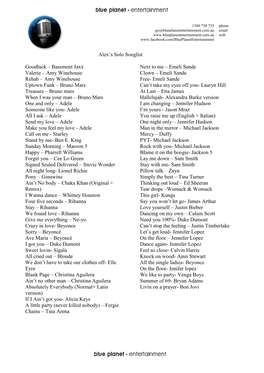 Alex's Solo Songlist Goodluck – Basement Jaxx Valerie – Amy Winehouse Rehab – Amy Winehouse Uptown Funk – Bruno Mars T