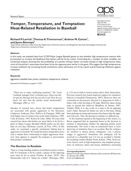 Heat-Related Retaliation in Baseball DOI: 10.1177/0956797611399292