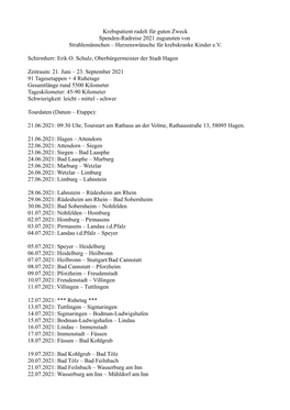 Tourdaten Benefiz-Radreise 2021