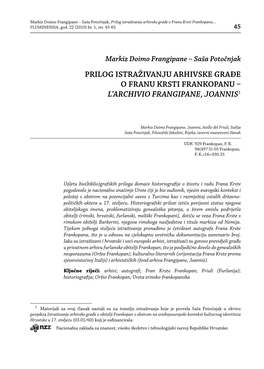 Prilog Istraživanju Arhivske Građe O Franu Krsti Frankopanu