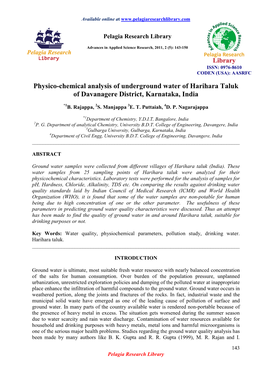 Physico-Chemical Analysis of Underground Water of Harihara Taluk of Davanagere District, Karnataka, India