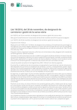 Llei 18/2016, Del 30 De Novembre, De Designació De Carreteres I Gestió De La Xarxa Viària