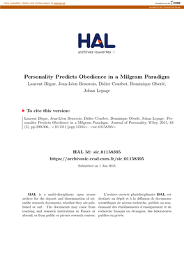 Personality Predicts Obedience in a Milgram Paradigm Laurent B`Egue,Jean-L´Eonbeauvois, Didier Courbet, Dominique Oberl´E, Johan Lepage