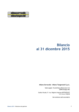 Bilancio Al 31 Dicembre 2015