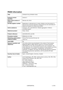 PASS Information Title Cilostazol Drug Utilisation Study