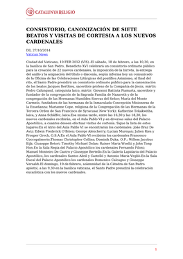 Consistorio, Canonización De Siete Beatos Y Visitas De Cortesia a Los Nuevos Cardenales