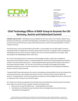 Chief Technology Officer of BASF Group to Keynote the CIO Germany, Austria and Switzerland Summit