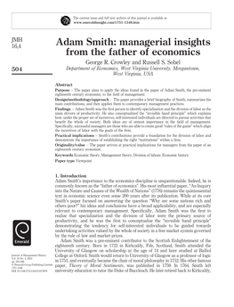 Adam Smith: Managerial Insights from the Father of Economics George R