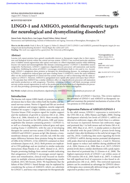 LINGO-1 and AMIGO3, Potential Therapeutic Targets for Neurological and Dysmyelinating Disorders?