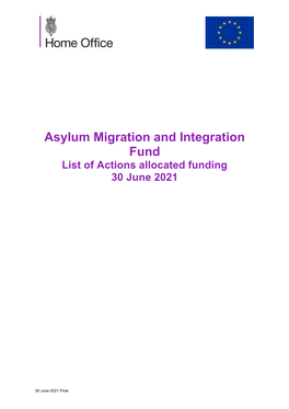 Asylum Migration and Integration Fund List of Actions Allocated Funding 30 June 2021