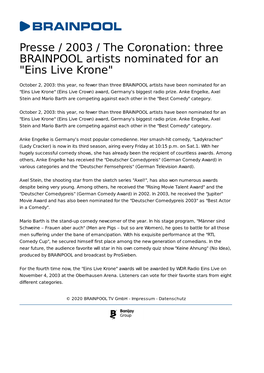 Presse / 2003 / the Coronation: Three BRAINPOOL Artists Nominated for an "Eins Live Krone"