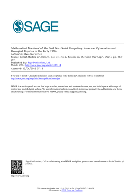 Of the Cold War: Soviet Computing, American Cybernetics and Ideological Disputes in the Early 1950S Author(S): Slava Gerovitch Source: Social Studies of Science, Vol