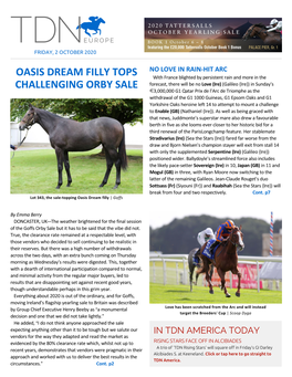 Oasis Dream Filly Tops Challenging Orby Sale Cont