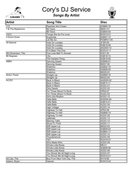 Cory's DJ Service Songs by Artist