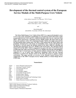 Development of the Thermal Control System of the European Service Module of the Multi-Purpose Crew Vehicle