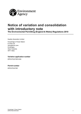 Notice of Variation and Consolidation with Introductory Note the Environmental Permitting (England & Wales) Regulations 2010