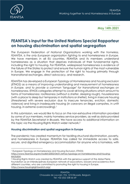 FEANTSA's Input for the United Nations Special Rapporteur on Housing Discrimination and Spatial Segregation