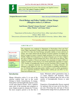 Floral Biology and Pollen Viability of Some Mango (Mangifera Indica L.) Cultivars