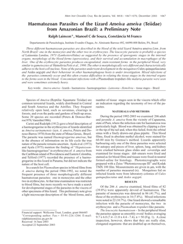 Haematozoan Parasites of the Lizard Ameiva Ameiva (Teiidae) from Amazonian Brazil: a Preliminary Note Ralph Lainson+, Manoel C De Souza, Constância M Franco