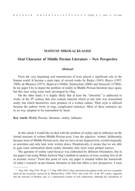 Oral Character of Middle Persian Literature – New Perspective