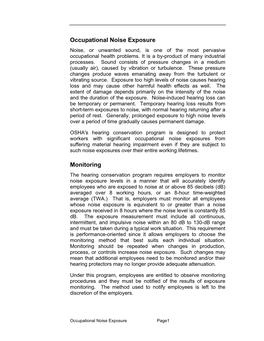 Occupational Noise Exposure Noise, Or Unwanted Sound, Is One of the Most Pervasive Occupational Health Problems