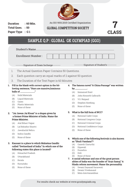 Class Sample QP : Global Gk Olympiad (Ggo)