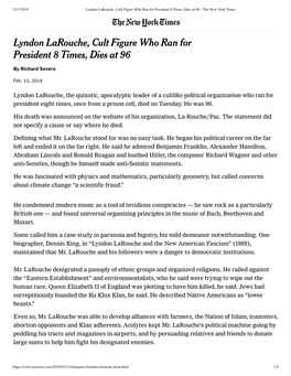 Lyndon Larouche, Cult Figure Who Ran for President 8 Times, Dies at 96 - the New York Times