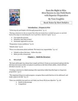 Earn the Right to Win: How Success in Any Field Starts with Superior Preparation by Tom Coughlin Book Notes by Bert Desalvo